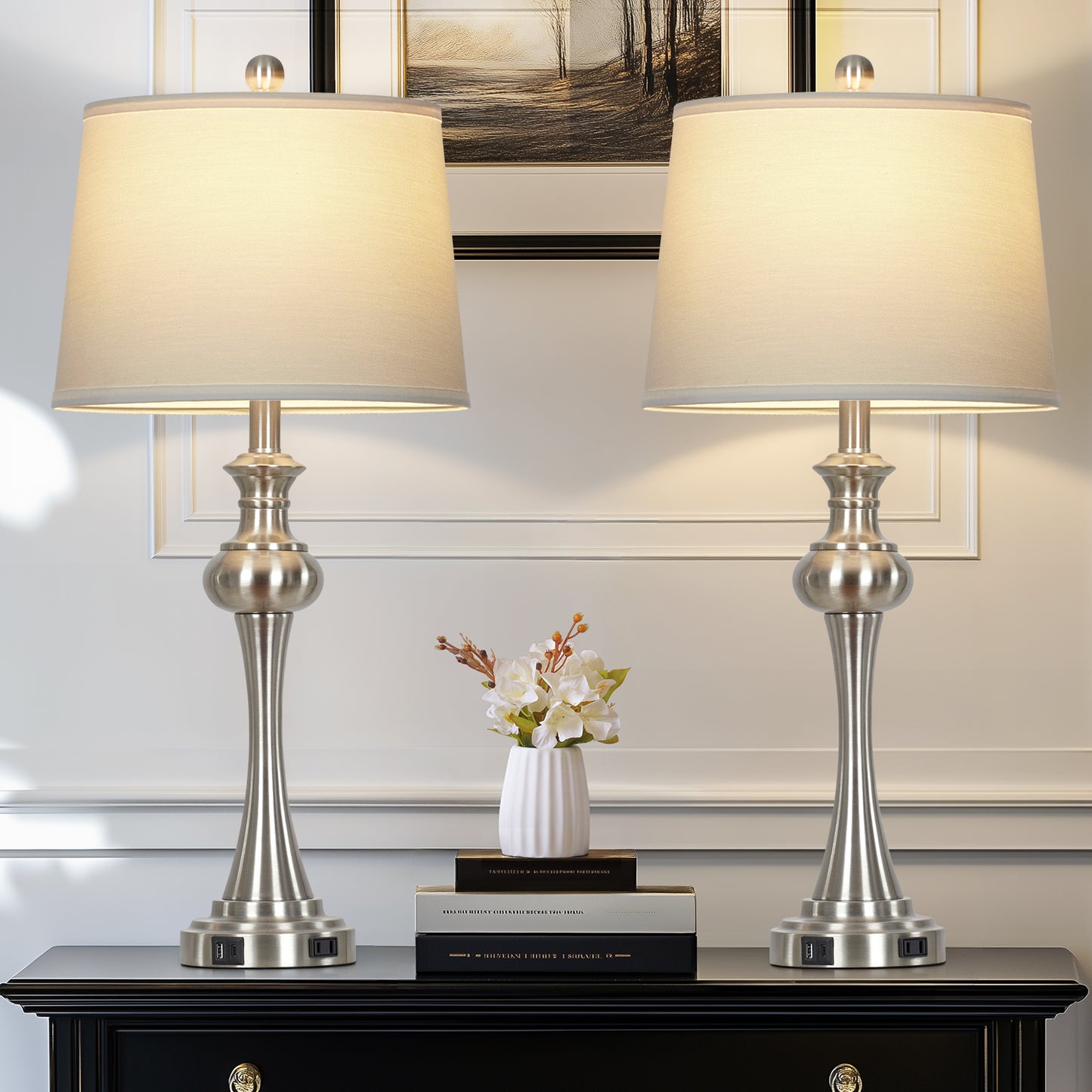 Modern Silver Table Lamp Set – 28.75” Height, Linen Shade, USB & Type-C Charging, Touch Dimmer, 9W LED Bulb Included (Set of 2)