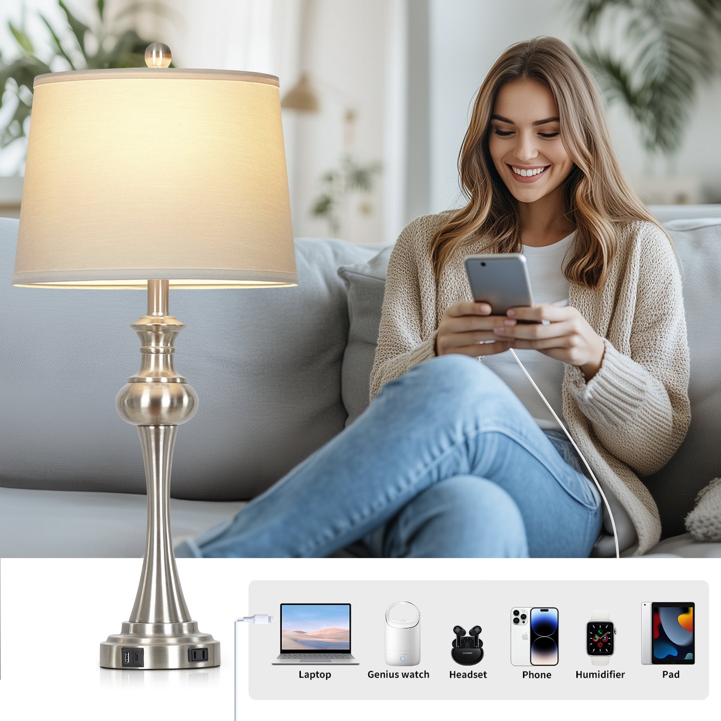 Modern Silver Table Lamp Set – 28.75” Height, Linen Shade, USB & Type-C Charging, Touch Dimmer, 9W LED Bulb Included (Set of 2)