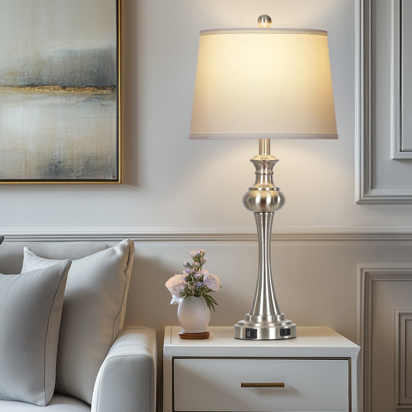 Modern Silver Table Lamp Set – 28.75” Height, Linen Shade, USB & Type-C Charging, Touch Dimmer, 9W LED Bulb Included (Set of 2)