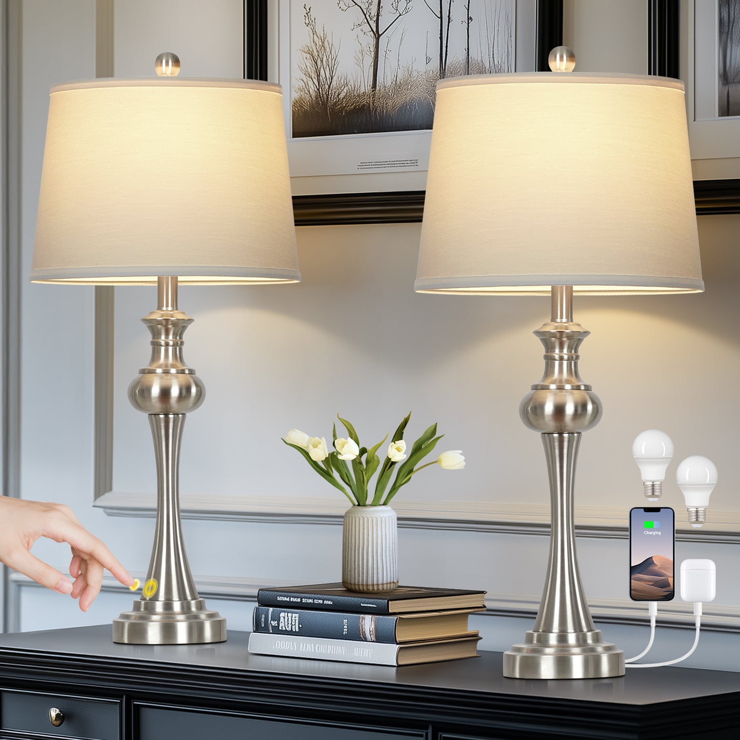 Modern Silver Table Lamp Set – 28.75” Height, Linen Shade, USB & Type-C Charging, Touch Dimmer, 9W LED Bulb Included (Set of 2)