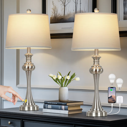 Modern Silver Table Lamp Set – 28.75” Height, Linen Shade, USB & Type-C Charging, Touch Dimmer, 9W LED Bulb Included (Set of 2)