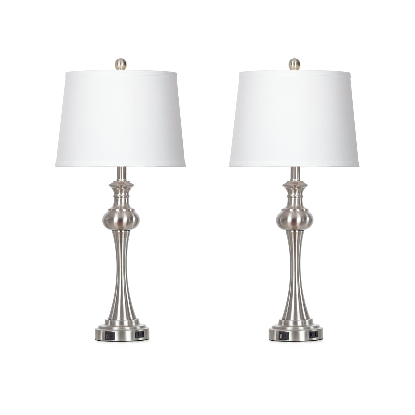 Modern Silver Table Lamp Set – 28.75” Height, Linen Shade, USB & Type-C Charging, Touch Dimmer, 9W LED Bulb Included (Set of 2)