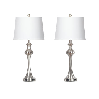 Modern Silver Table Lamp Set – 28.75” Height, Linen Shade, USB & Type-C Charging, Touch Dimmer, 9W LED Bulb Included (Set of 2)