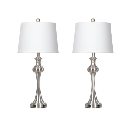 Modern Silver Table Lamp Set – 28.75” Height, Linen Shade, USB & Type-C Charging, Touch Dimmer, 9W LED Bulb Included (Set of 2)