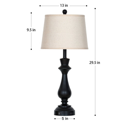 29.5” Modern Farmhouse Table Lamp Pair – Oatmeal Linen Shade, USB & Type-C Charging, 3-Way Touch Dimmer(Set of 2)