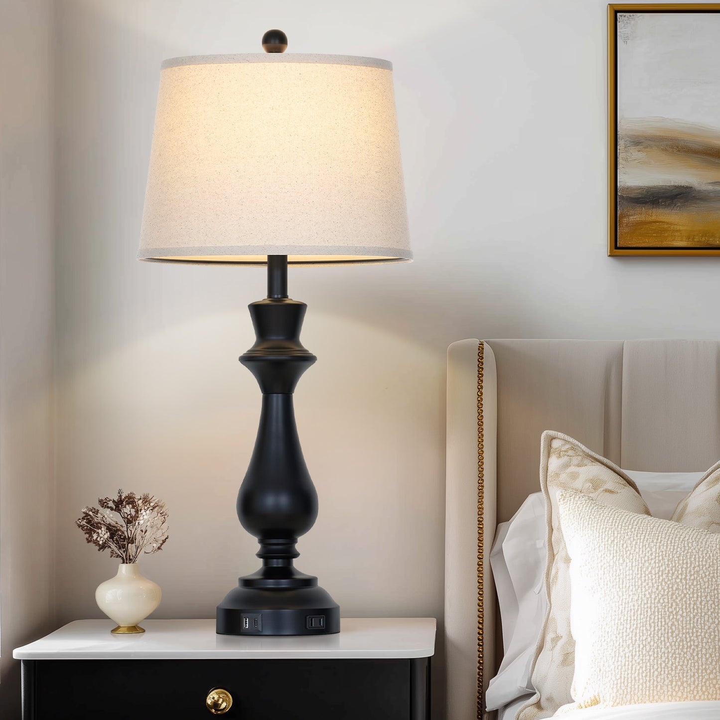 29.5” Modern Farmhouse Table Lamp Pair – Oatmeal Linen Shade, USB & Type-C Charging, 3-Way Touch Dimmer(Set of 2)