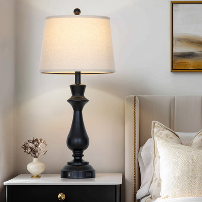 29.5” Modern Farmhouse Table Lamp Pair – Oatmeal Linen Shade, USB & Type-C Charging, 3-Way Touch Dimmer(Set of 2)