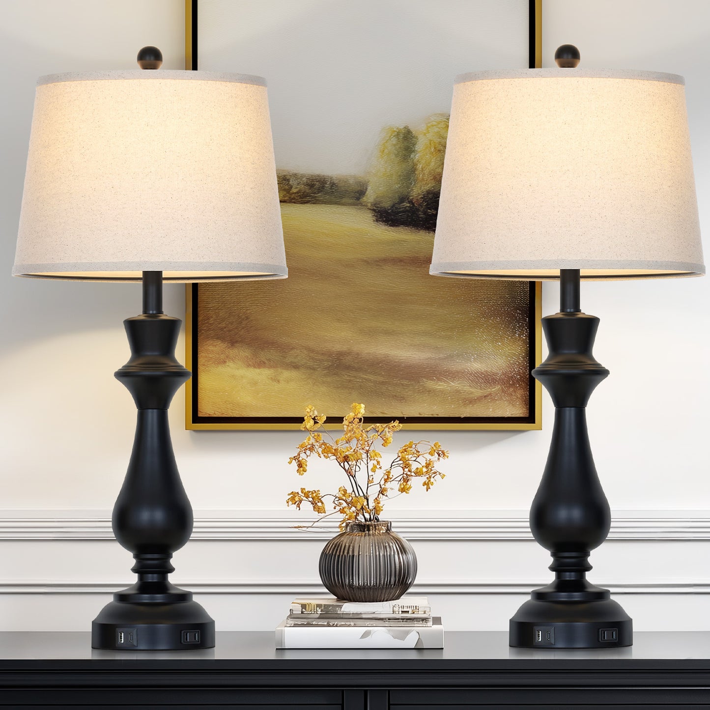 29.5” Modern Farmhouse Table Lamp Pair – Oatmeal Linen Shade, USB & Type-C Charging, 3-Way Touch Dimmer(Set of 2)
