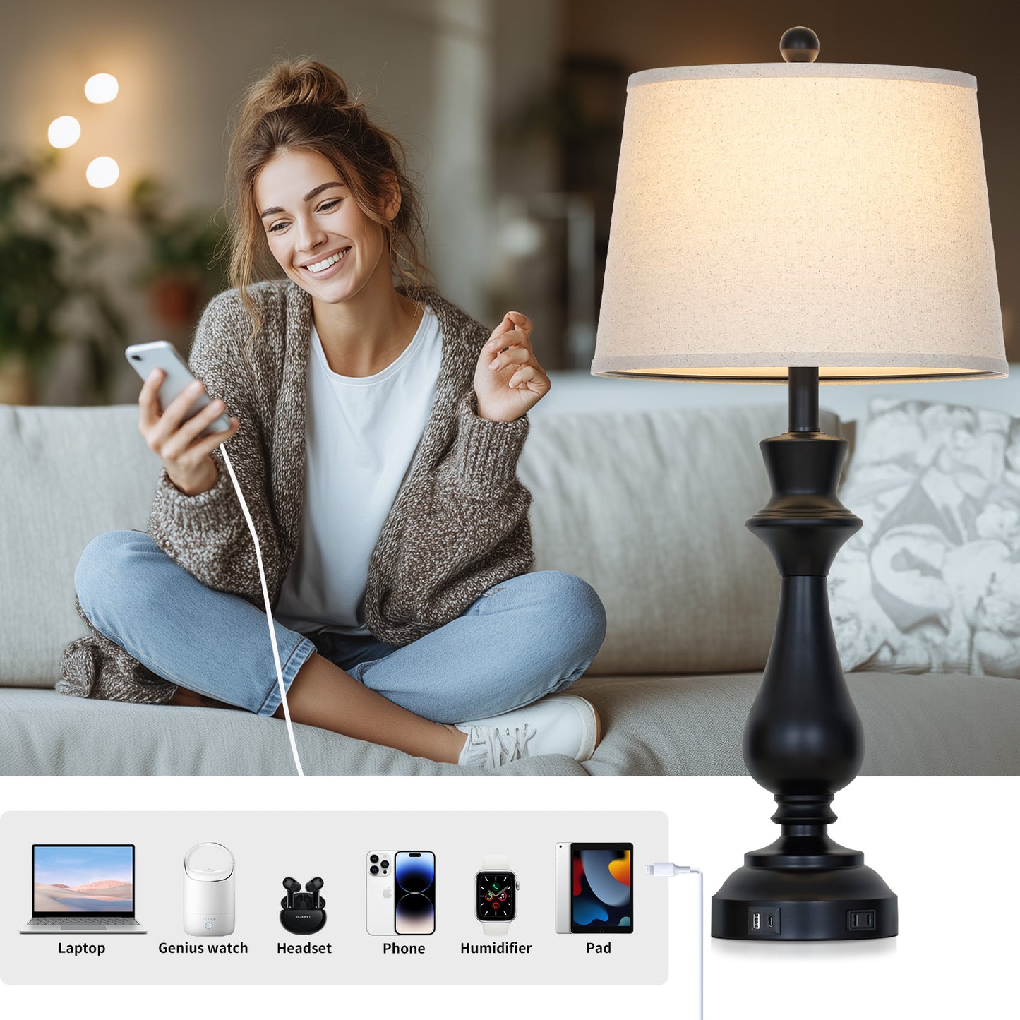 29.5” Modern Farmhouse Table Lamp Pair – Oatmeal Linen Shade, USB & Type-C Charging, 3-Way Touch Dimmer(Set of 2)