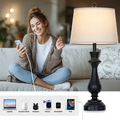 29.5” Modern Farmhouse Table Lamp Pair – Oatmeal Linen Shade, USB & Type-C Charging, 3-Way Touch Dimmer(Set of 2)