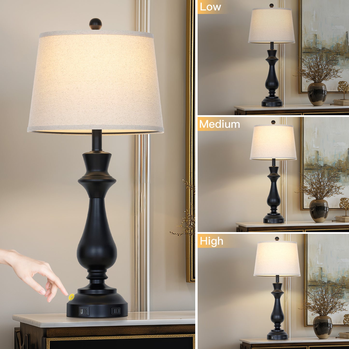 29.5” Modern Farmhouse Table Lamp Pair – Oatmeal Linen Shade, USB & Type-C Charging, 3-Way Touch Dimmer(Set of 2)