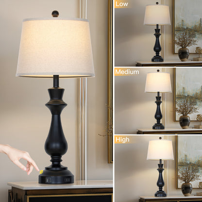 29.5” Modern Farmhouse Table Lamp Pair – Oatmeal Linen Shade, USB & Type-C Charging, 3-Way Touch Dimmer(Set of 2)