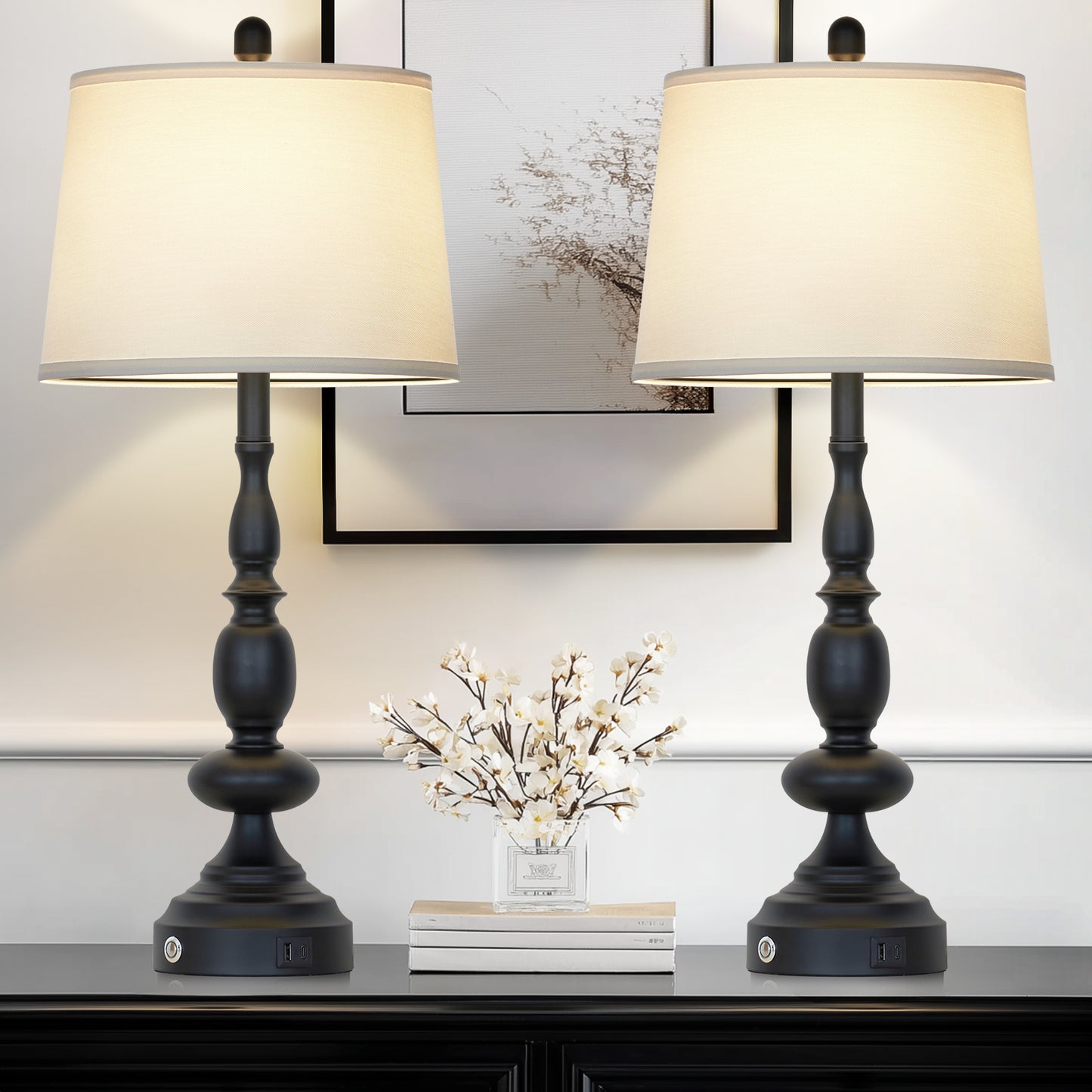 29'' Modern Classic Table Lamp with USB & Type-C Charging, 3000K Warm LED Dimmable Bulb, Linen Shade