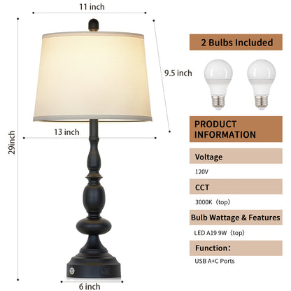 29'' Modern Classic Table Lamp with USB & Type-C Charging, 3000K Warm LED Dimmable Bulb, Linen Shade