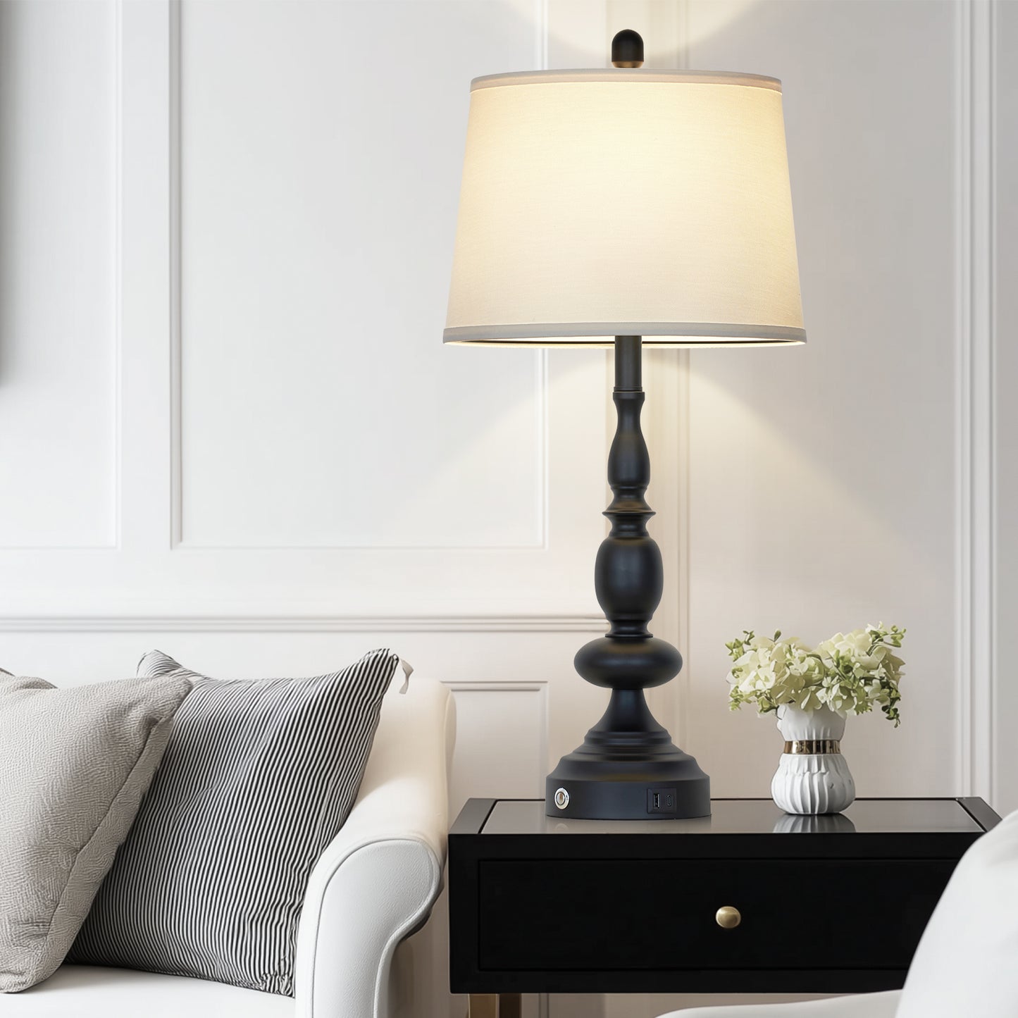 29'' Modern Classic Table Lamp with USB & Type-C Charging, 3000K Warm LED Dimmable Bulb, Linen Shade