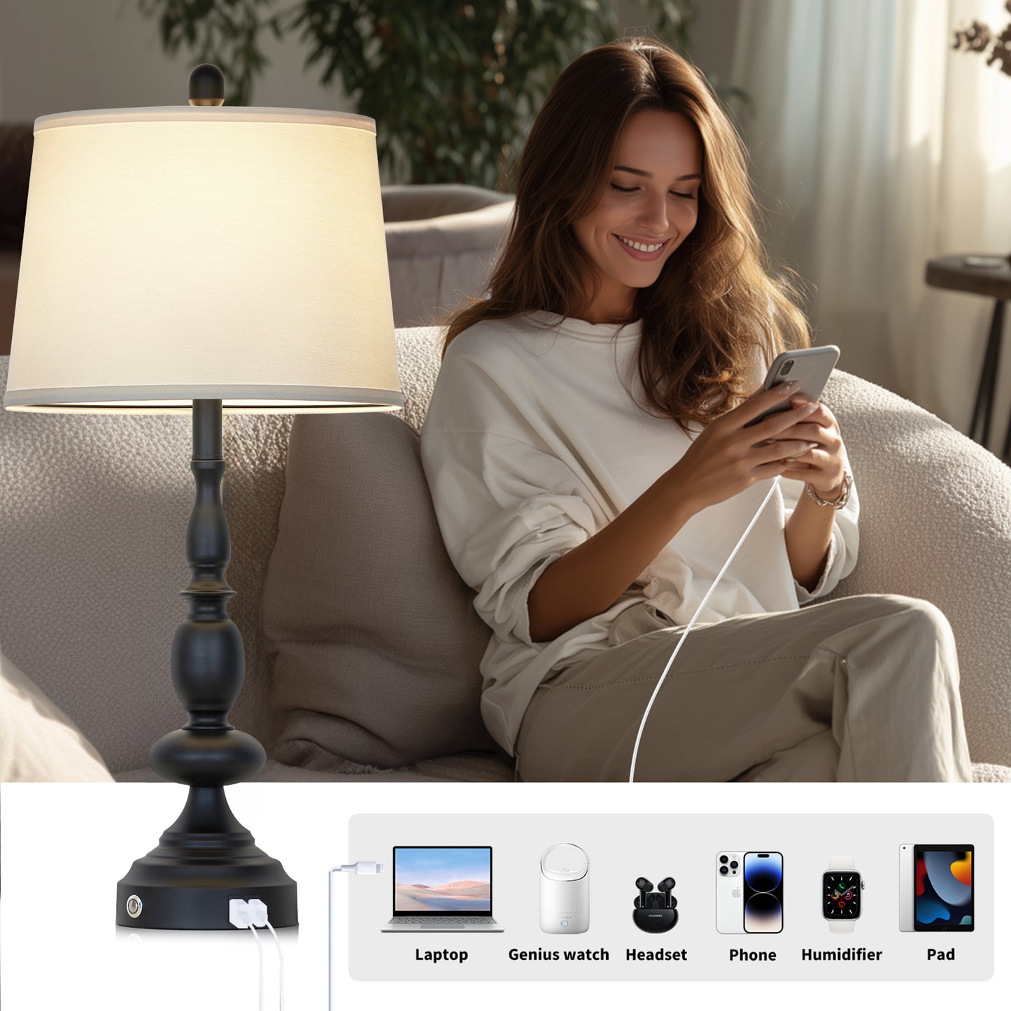 29'' Modern Classic Table Lamp with USB & Type-C Charging, 3000K Warm LED Dimmable Bulb, Linen Shade