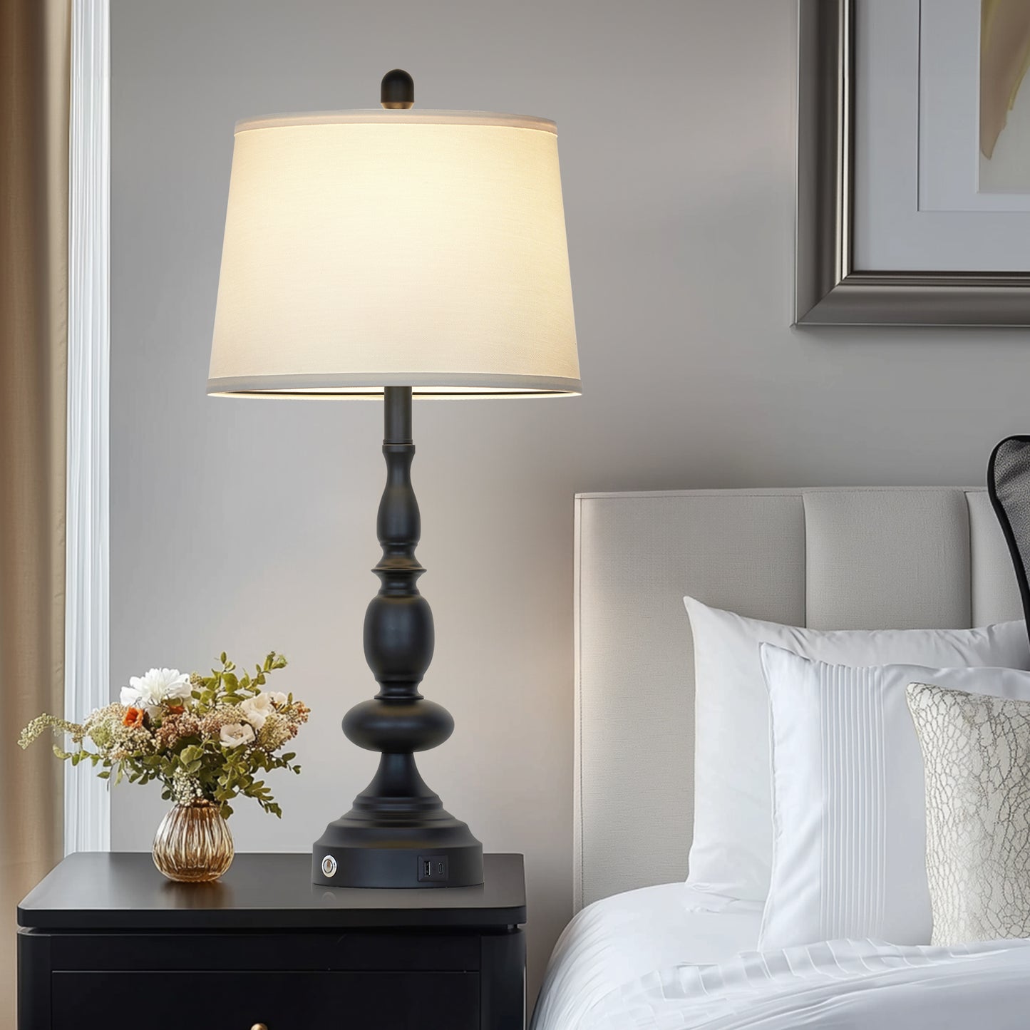 29'' Modern Classic Table Lamp with USB & Type-C Charging, 3000K Warm LED Dimmable Bulb, Linen Shade