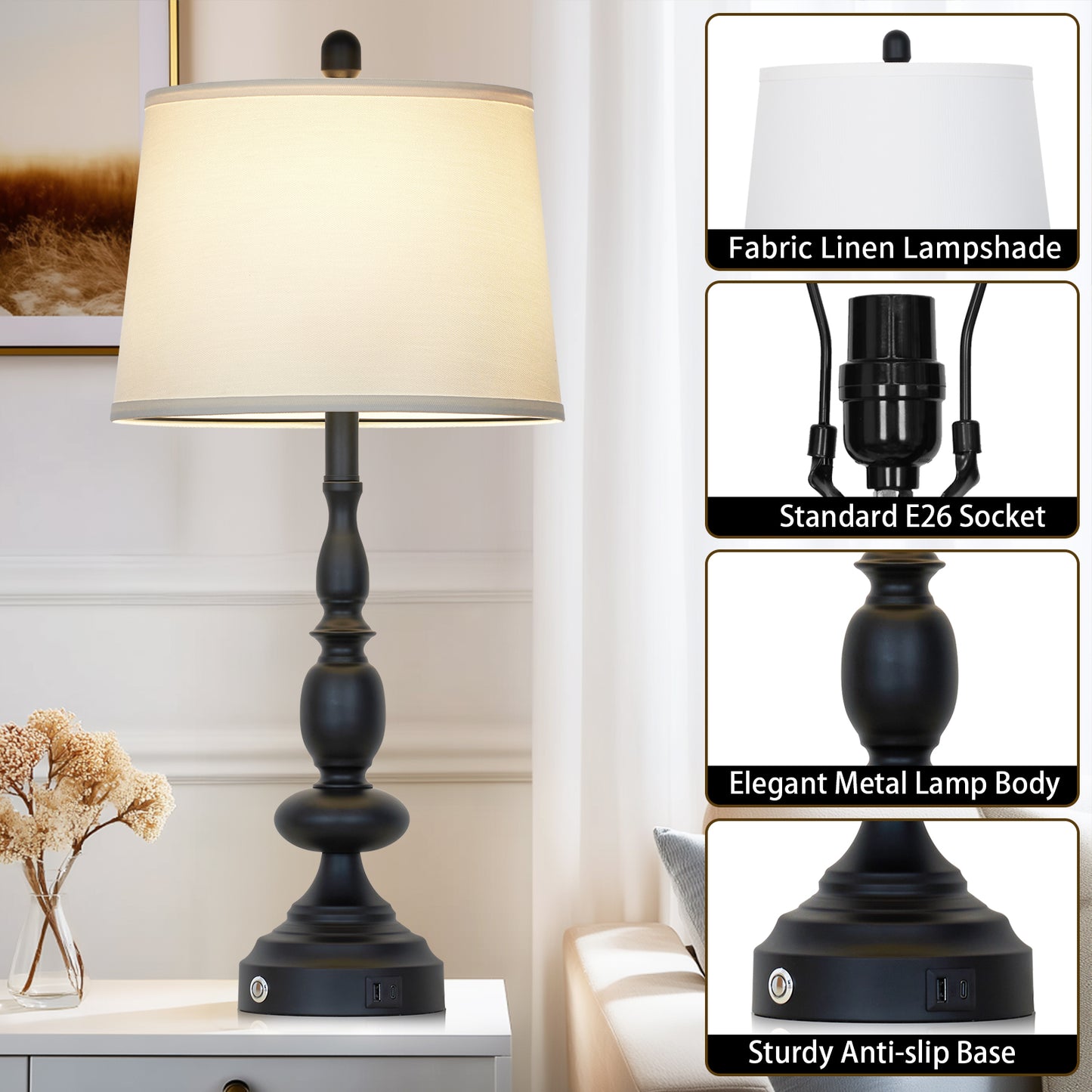 29'' Modern Classic Table Lamp with USB & Type-C Charging, 3000K Warm LED Dimmable Bulb, Linen Shade
