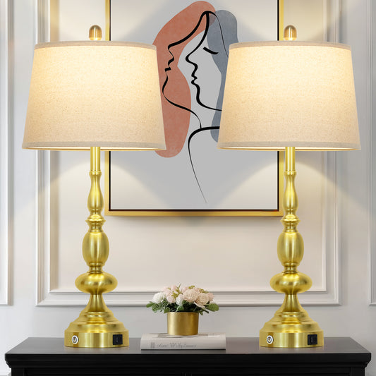 29'' Vintage Brass Table Lamp Set of 2 – 29” Height with Oatmeal Linen Shade, E26 LED Dimmable Bulb, USB & Type-C Charging Port, 3-Way Touch Switch(Set of 2)