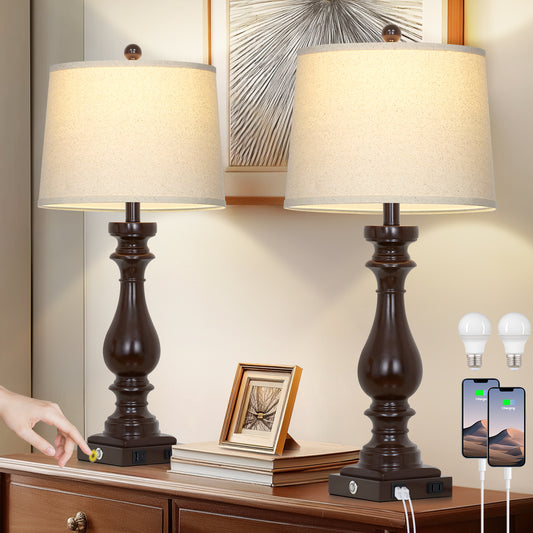 29" Elegant Resin Table Lamp Tall with USB/Type-C Ports, 9W Dimmable LED Bulb, Linen Shade, 3-Touch Dimmer(Set of 2)