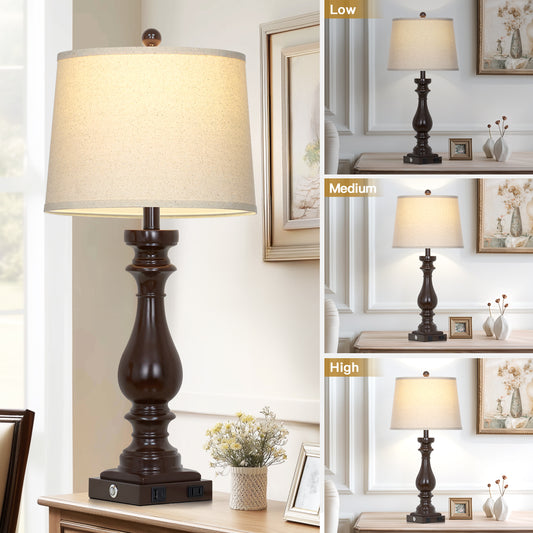 29" Elegant Resin Table Lamp Tall with USB/Type-C Ports, 9W Dimmable LED Bulb, Linen Shade, 3-Touch Dimmer(Set of 2)