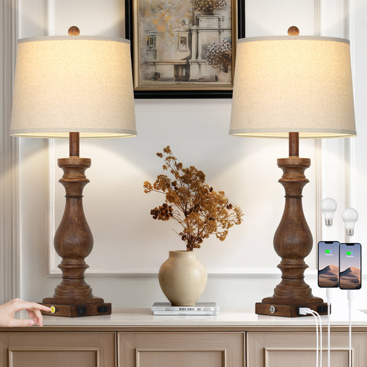 29'' Resin Table Lamp Set with Oatmeal Linen Shade, 29" Height – USB/Type-C Charging, 3-Level Dimmable LED(Set of 2)