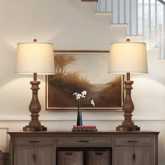 29'' Resin Table Lamp Set with Oatmeal Linen Shade, 29" Height – USB/Type-C Charging, 3-Level Dimmable LED(Set of 2)