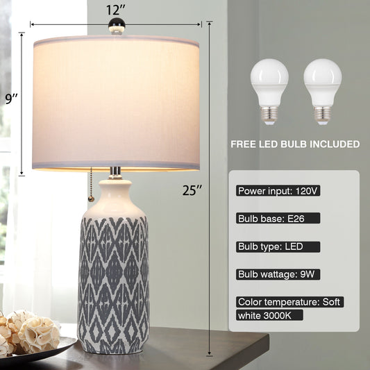 Grey-White Ceramic Table Lamp Boasts Pull Chain Switch, Non-Slip Mat and No Strobe