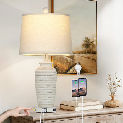 Cinkeda 25" Touch Control Table Lamp, White Resin Jar Body with Oatmeal Linen Shade, USB-C & AC Outlet, 3-Level Dimmable, Dimmable LED Bulb Included for Bedroom