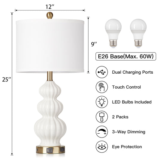 White Ceramic Cucurbit Style Table Lamp with 3-Way Touch Dimming Switch, USB Type C Charging Ports and AC Outlet (Set of 2)