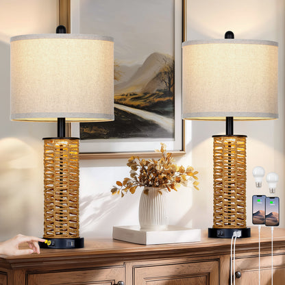 Cinkeda 27" Rattan Woven Table Lamps Set of 2, Boho Bedside Lamp with Dual Rocker Switches & Night Light, USB A+C Ports & Black Finish for Farmhouse Bedroom Living Room