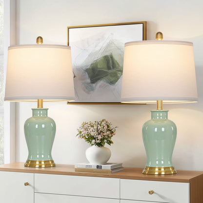 Cinkeda 23" Coastal Green Ceramic Table Lamps Set of 2 with Gold Accents, Modern Ceramic Ginger Jar Nightstand Lamps for Bedroom Living Room