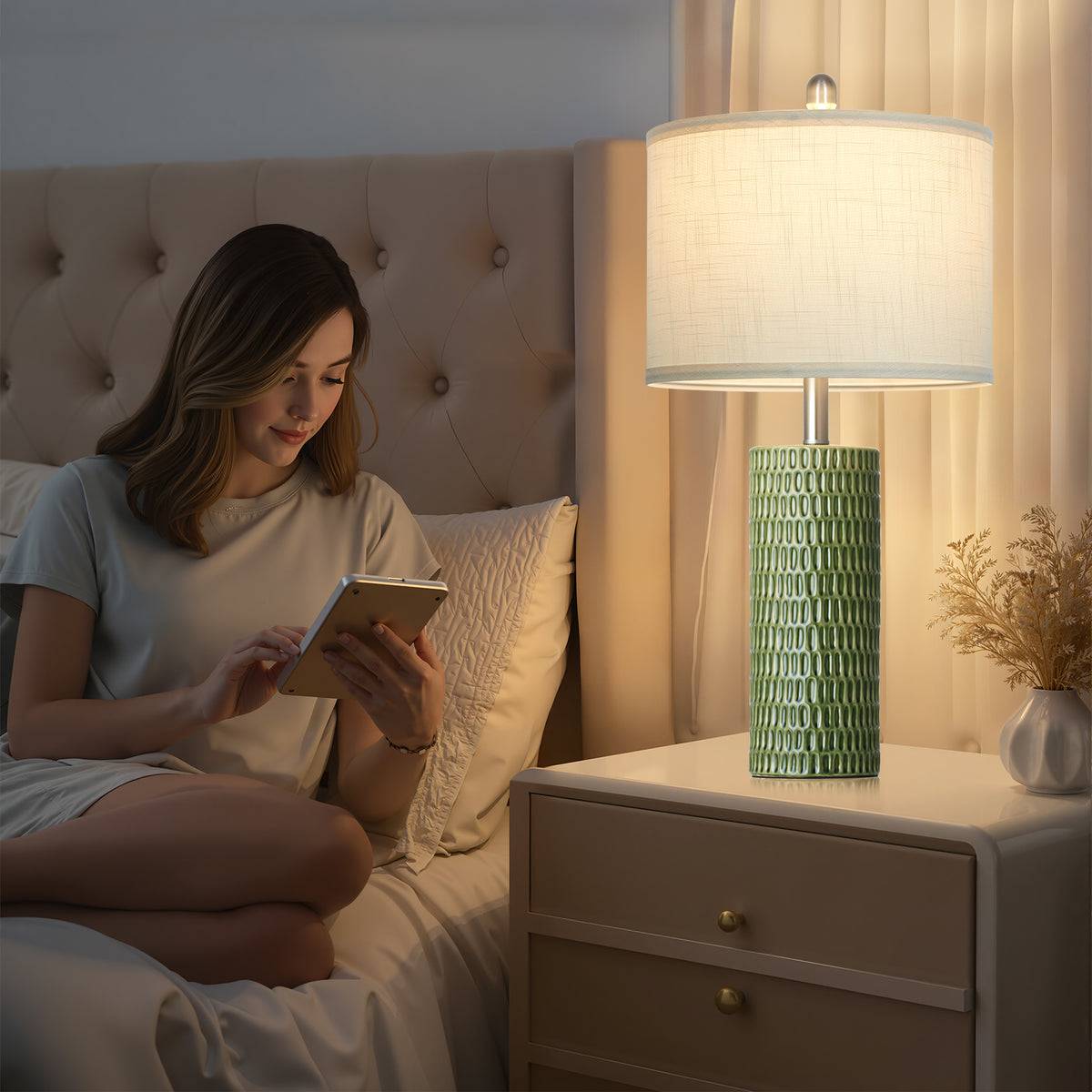 Cinkeda 26.5" Green Ceramic Table Lamps Set of 2, 2-Level Rotary Switch Bedside Lamps with Carved Bamboo Texture & Nickel Base for Living Room