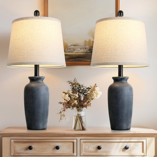 Cinkeda 24.5" Black Ceramic Jar Table Lamps Set of 2, Farmhouse Bedside Lamps with Oatmeal Fabric Shade for Bedroom Living Room