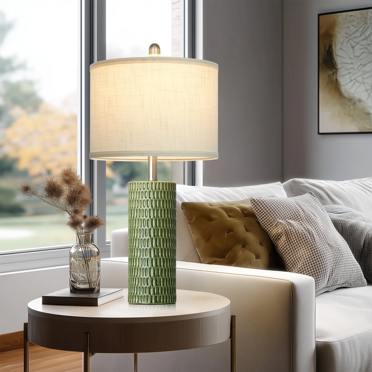 Cinkeda 26.5" Green Ceramic Table Lamps Set of 2, 2-Level Rotary Switch Bedside Lamps with Carved Bamboo Texture & Nickel Base for Living Room