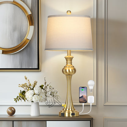 Cinkeda 28.75" Tall Single Table Lamp for Living Room Bedroom with USB C+A Ports AC Outlet Modern Gold 3 Way Dimmable Touch Control Nightstand Bedside Lamp