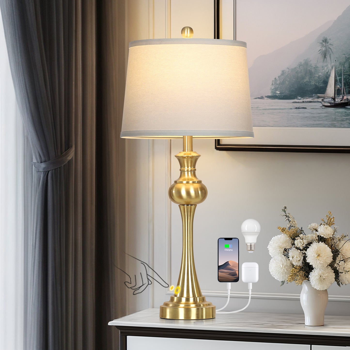 Cinkeda 28.75" Tall Single Table Lamp for Living Room Bedroom with USB C+A Ports AC Outlet Modern Gold 3 Way Dimmable Touch Control Nightstand Bedside Lamp