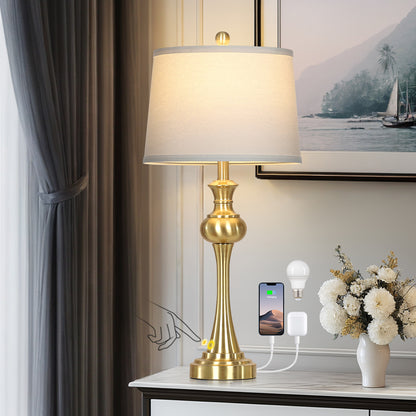 Cinkeda 28.75" Tall Single Table Lamp for Living Room Bedroom with USB C+A Ports AC Outlet Modern Gold 3 Way Dimmable Touch Control Nightstand Bedside Lamp