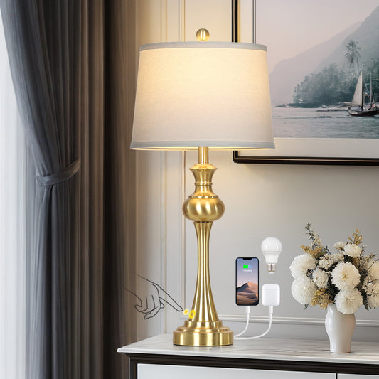 Cinkeda 28.75" Tall Single Table Lamp for Living Room Bedroom with USB C+A Ports AC Outlet Modern Gold 3 Way Dimmable Touch Control Nightstand Bedside Lamp