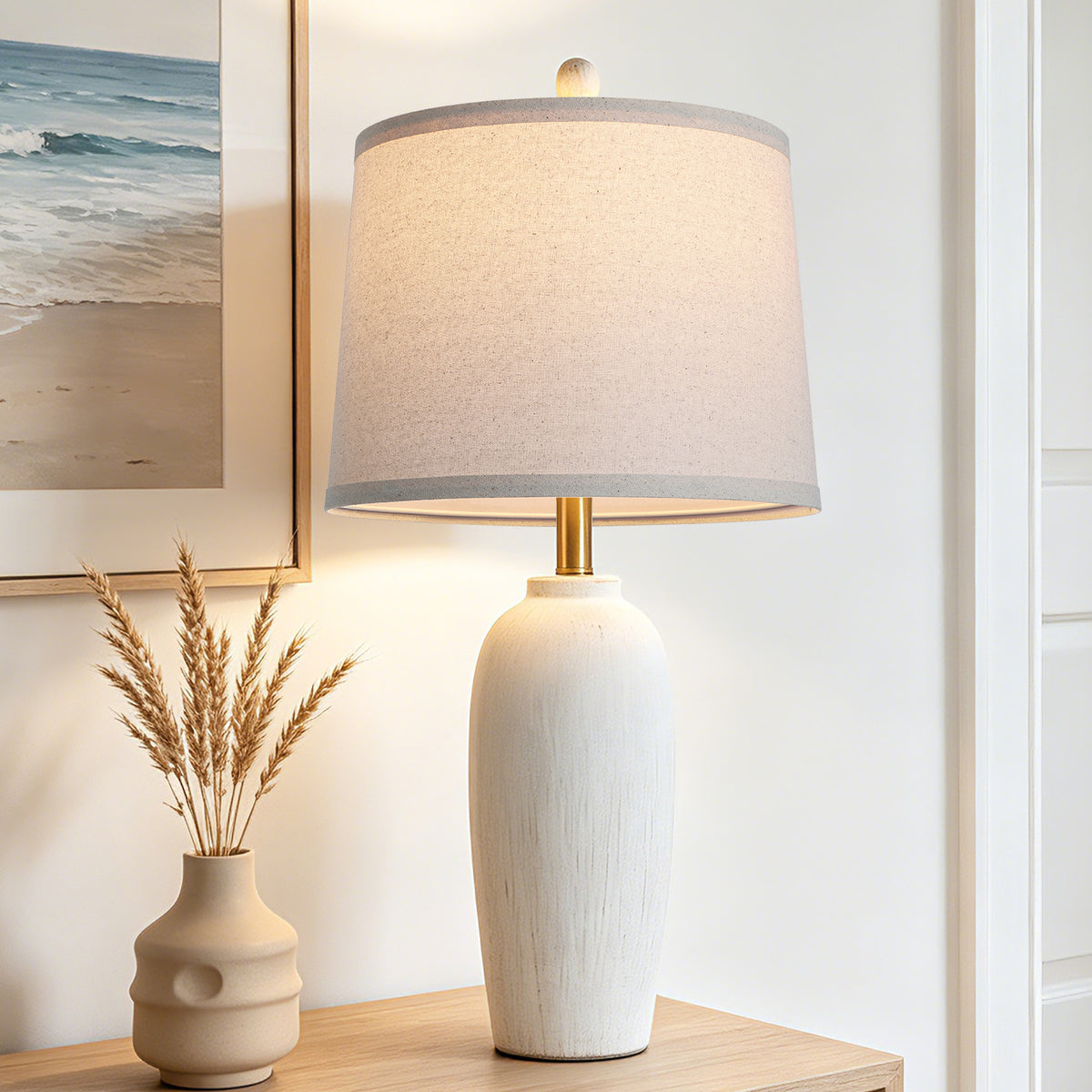 Cinkeda 26" Vintage White Ceramic Table Lamp, Olive-Shaped Retro Bedside Lamp for Bedroom Nightstand Living Room, LED Bulb Included