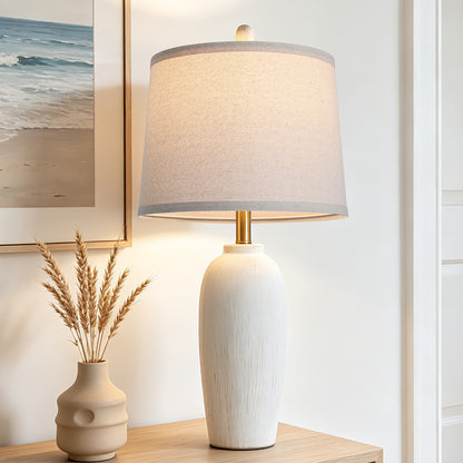 Cinkeda 26" Vintage White Ceramic Table Lamp, Olive-Shaped Retro Bedside Lamp for Bedroom Nightstand Living Room, LED Bulb Included