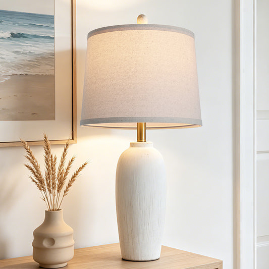 Cinkeda 26" Vintage White Ceramic Table Lamp, Olive-Shaped Retro Bedside Lamp for Bedroom Nightstand Living Room, LED Bulb Included