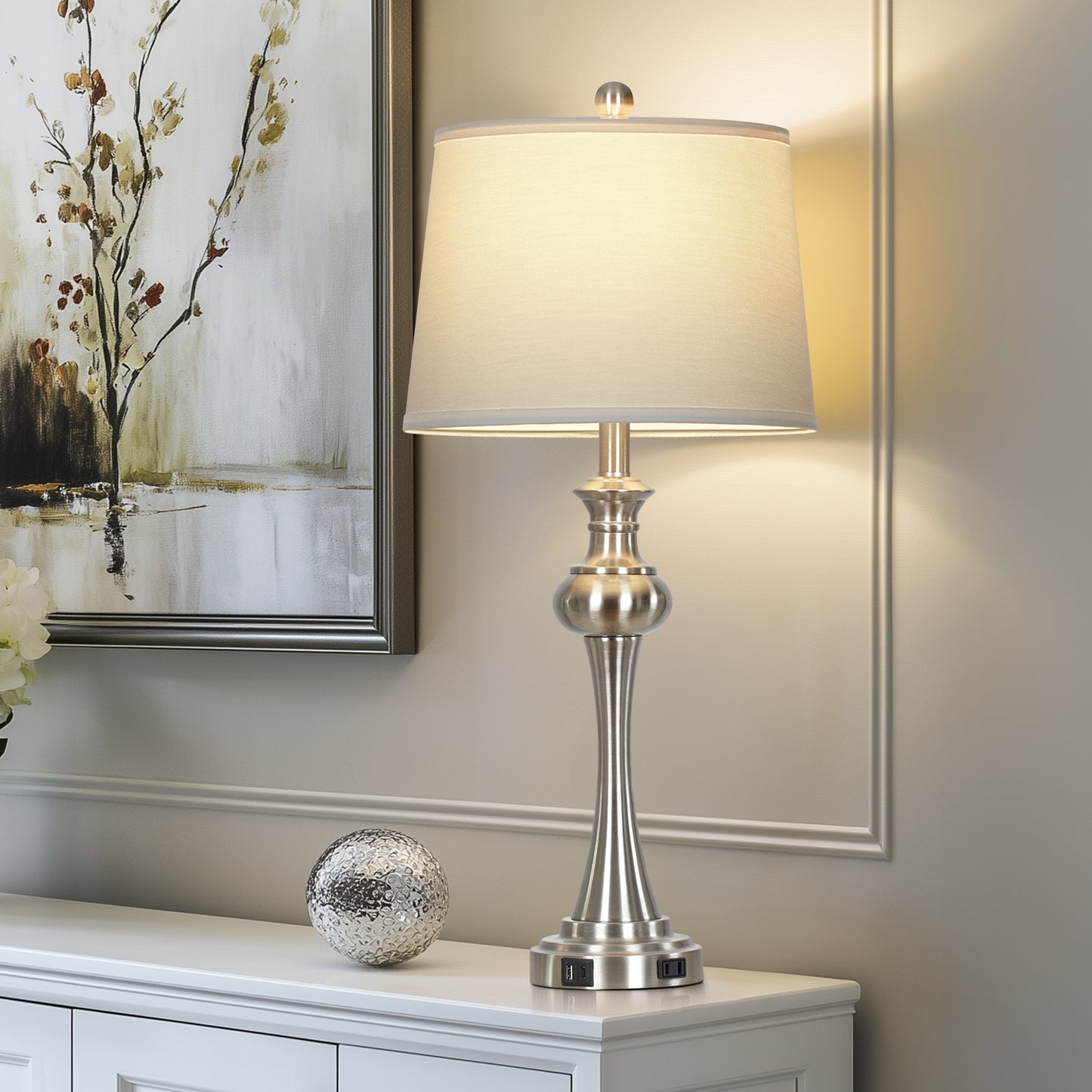 Cinkeda Single Table Lamp for Bedroom Living Room 28.75" Modern Silver 3 Way Dimmable Touch Control Nightstand Bedside Lamp with USB C+A Ports AC Outlet