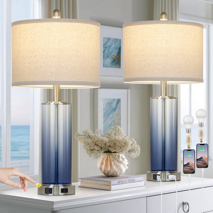 Cinkeda 26" Blue Gradient Glass Table Lamps Set of 2, 3-Level Touch Control Bedside Nightstand Lamps with USB & Type-C Ports, AC Outlet for Living Room