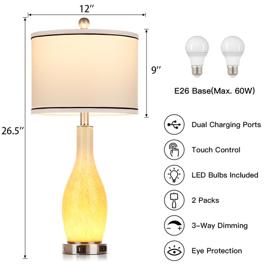 2-in-1 table lamp with nightlight. Nattierblue glass vase style body. Charging port & AC outlet. Drum shade, touch switch (Set of 2)