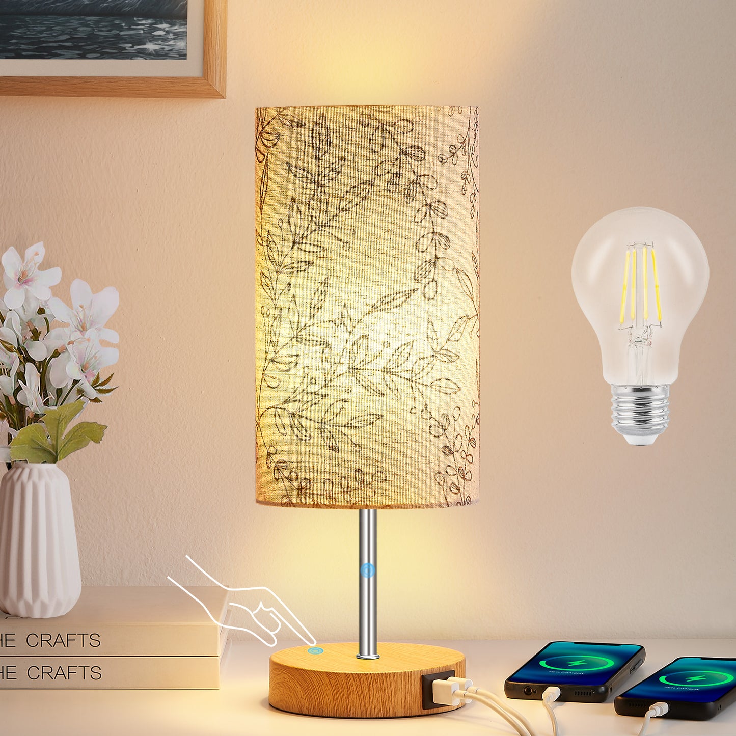 Cinkeda 3 Way Dimmable Single Table Lamp with USB Ports Leaf Print Shade 15" Touch Control Small Bedside Nightstand Lamp for Bedroom Living Room (1 Bulb)