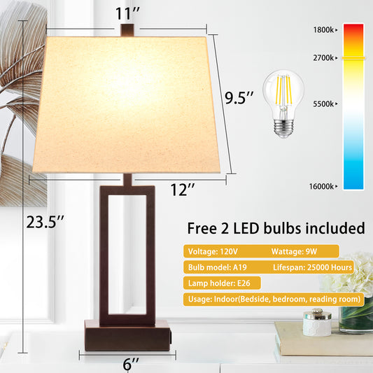 Black Matte Metal Table Lamp with Beige Shade, Equipped with USB Type-C Charging Ports and AC Outlet (Set of 2)