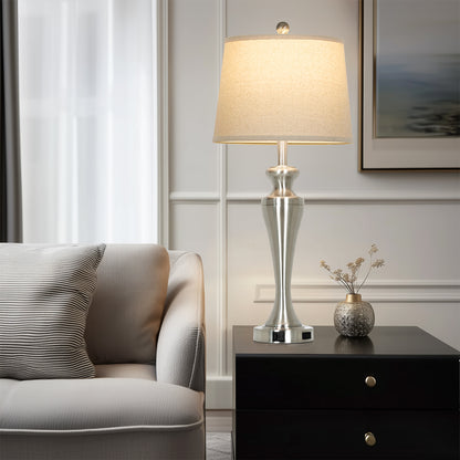 30" Classic Table Lamp, Silver Base with USB/Type-C & AC Outlet, Linen Shade, E26 Dimmable LED Bulb Included, 3-Way Touch Switch for Bedroom/Living Room(Set of 2)