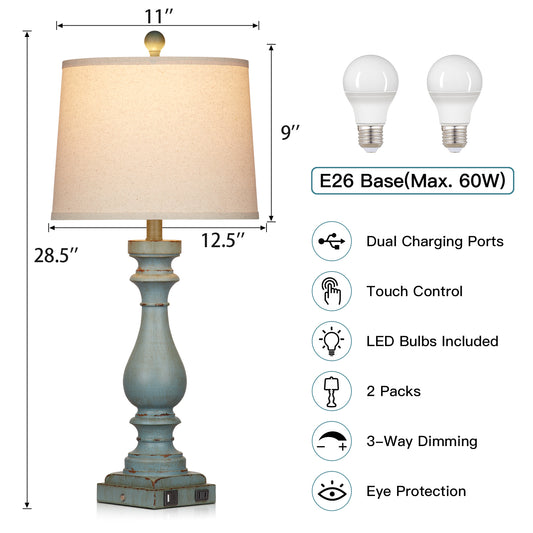 Blue Resin Drop Style Table Lamp with Tilted Shade, featuring 3-Way Dimming Touch Switch, USB Type C Charging Ports and AC Outlet, and No Strobe (Set of 2)