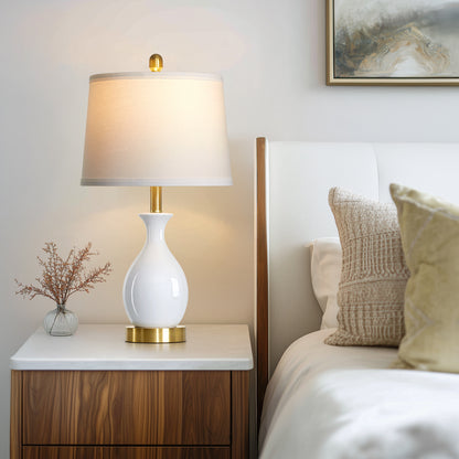 Cinkeda 24" White Ceramic Table Lamps Set of 2, Modern Classic Bedside Lamp with Gold Accents for Living Room Bedroom